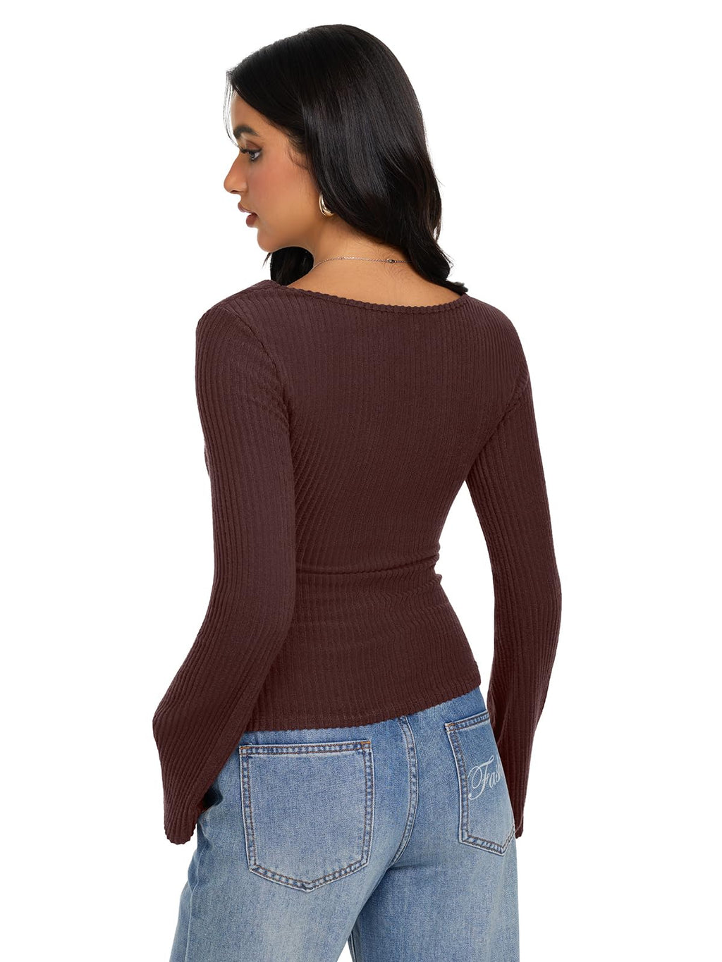Cowl Neck Ribbed Knit Bell Sleeve Top
