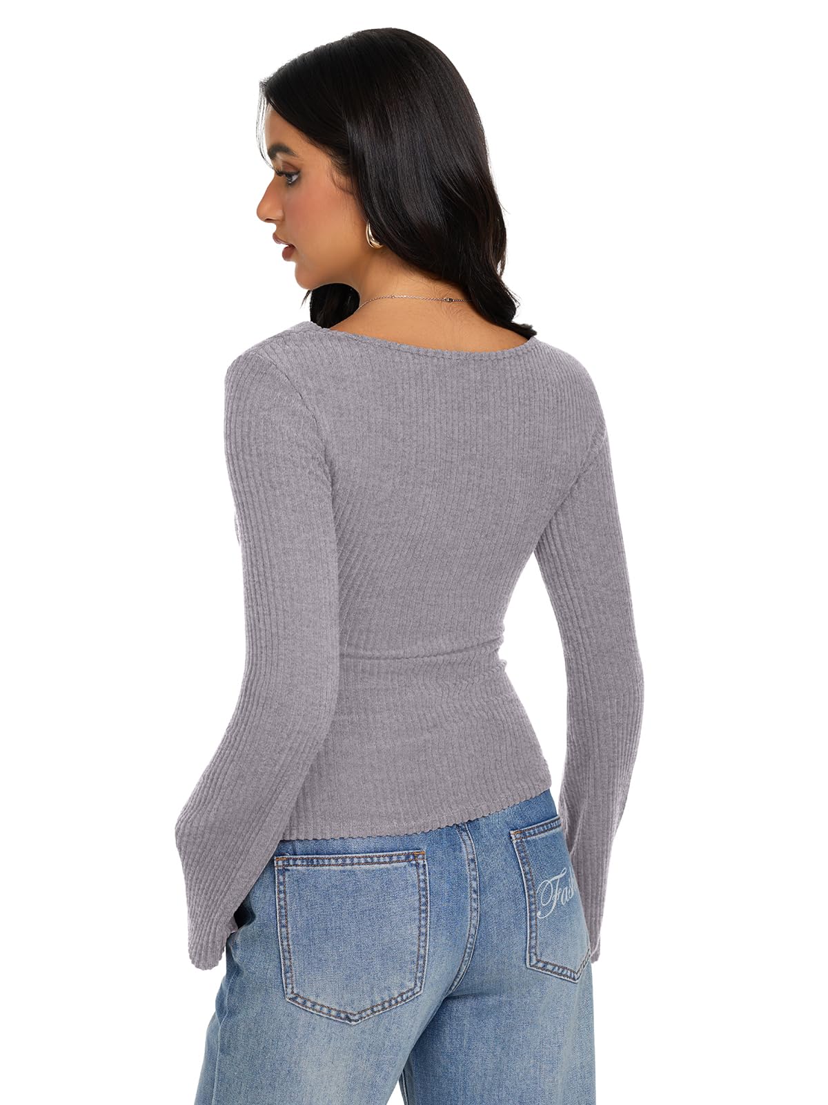 Cowl Neck Ribbed Knit Bell Sleeve Top