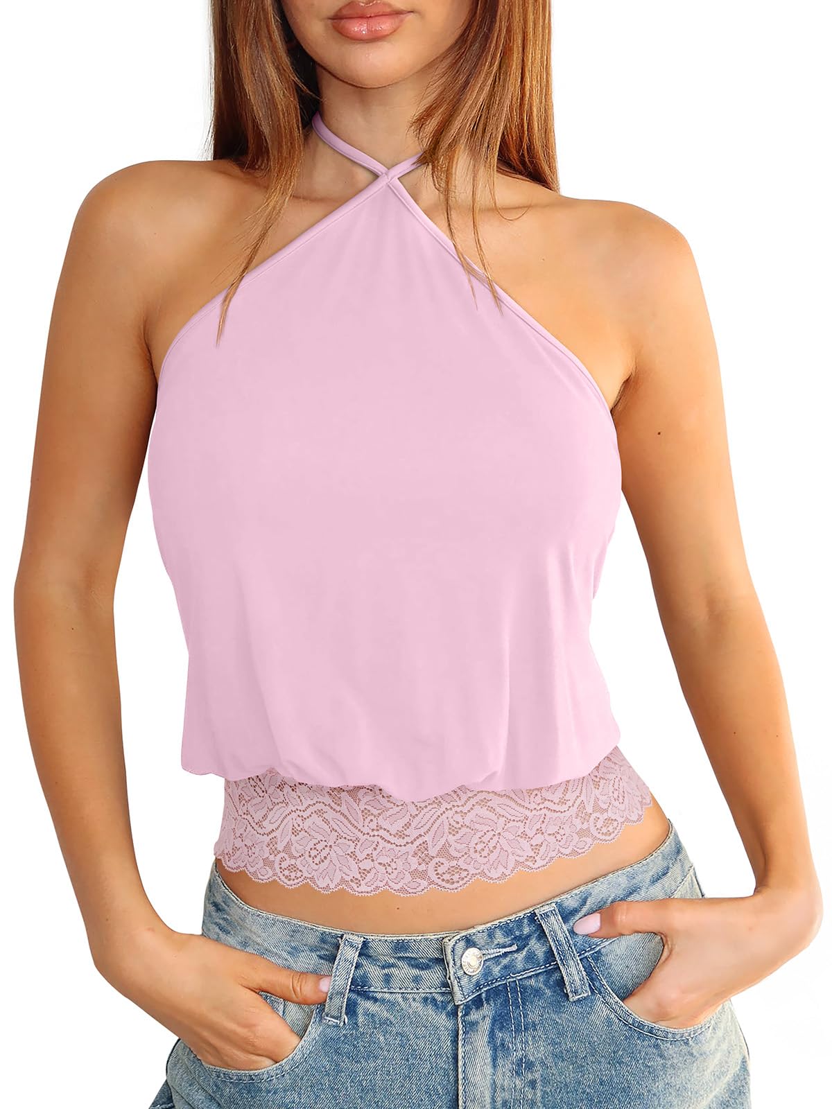 REORIA Womens Halter Going Out Tank Tops Lace Trim Y2K Backless Crop Shirt | Sexy Cute Tees,2026 SummerOutfits,Trendy,Dressy,TieBack,Casual,Club,Concert,Music Festival,Shopping,All Day Wear Camisole