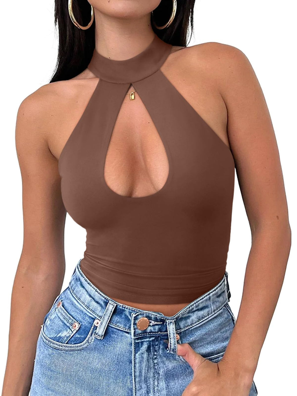 REORIA Womens Sexy Going Out Halter Crop Tops Trendy Cut Out Y2k Tank | Double Lined,Criss Cross,Cute Sleeveless Outfit,Nightout,Club,Party,Concert,Music Festival,Datenight Tee,Summer All Day Wear