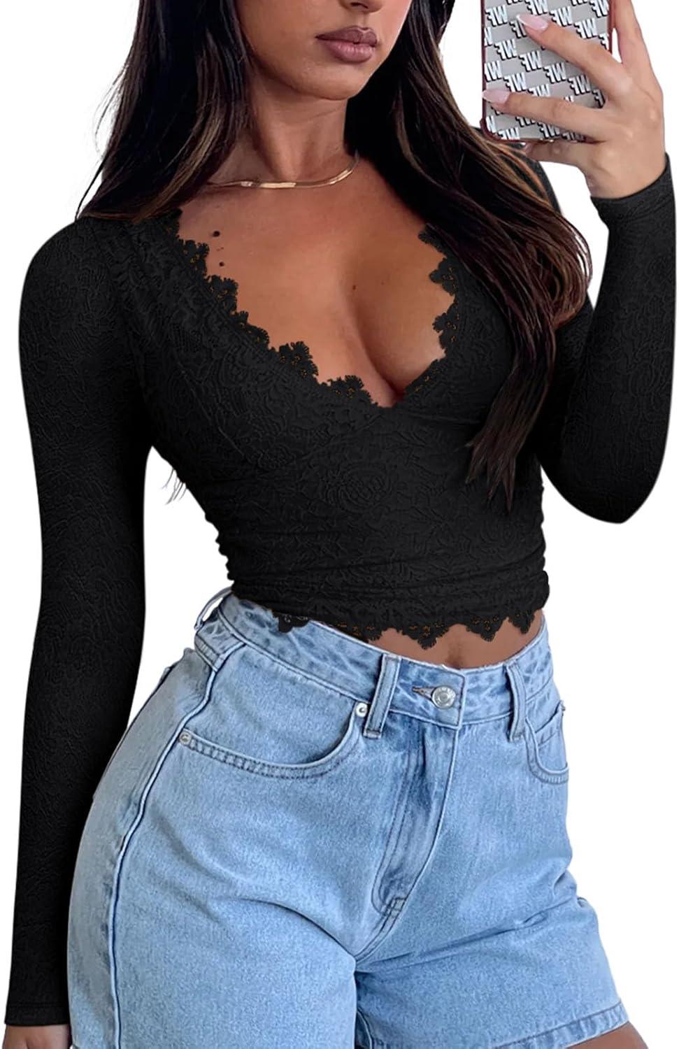 V-Neck Long Sleeve Shirts Trendy Lace Y2K Going Out Crop Top - REORIA