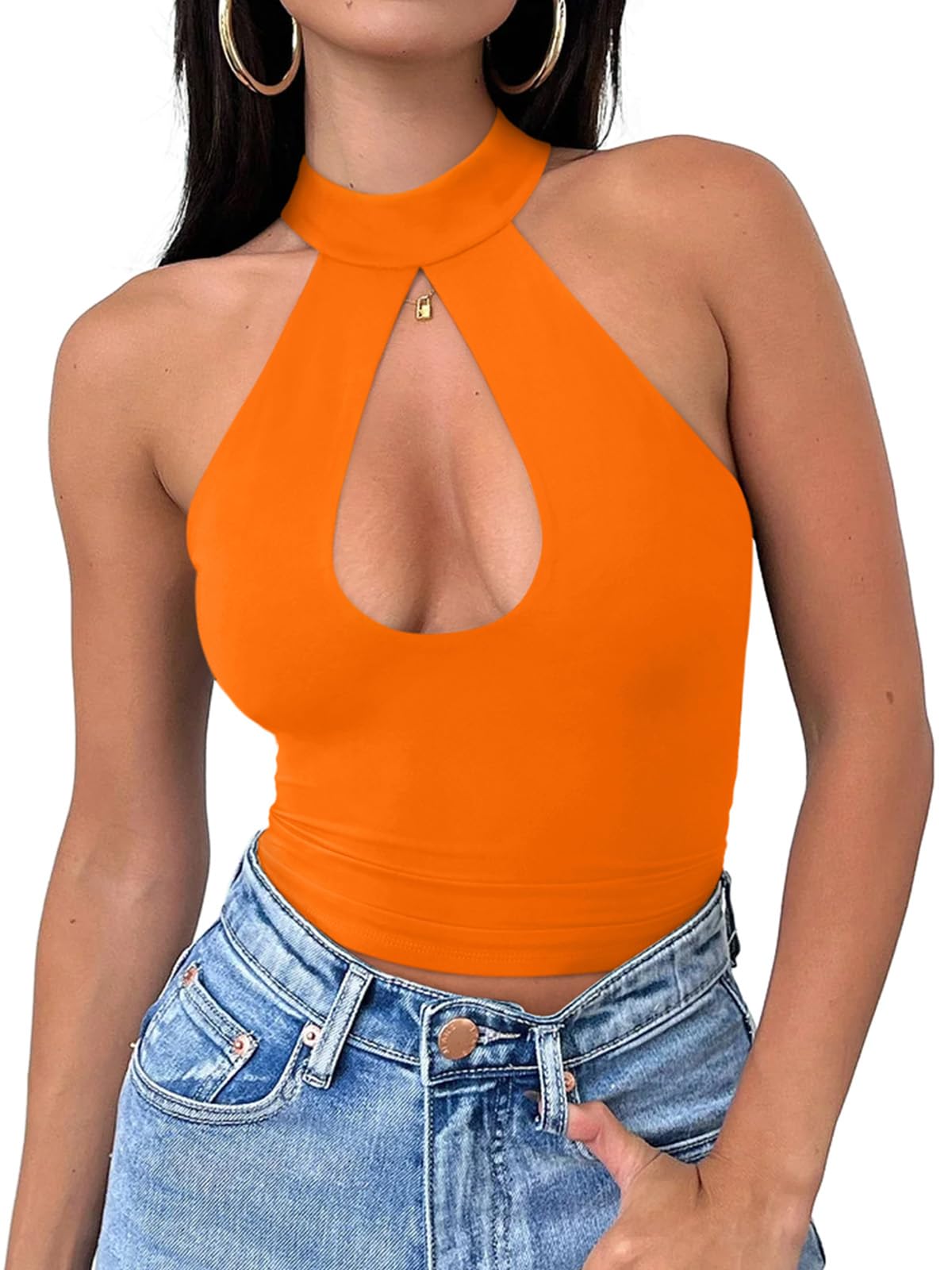 REORIA Womens Sexy Going Out Halter Crop Tops Trendy Cut Out Y2k Tank | Double Lined,Criss Cross,Cute Sleeveless Outfit,Nightout,Club,Party,Concert,Music Festival,Datenight Tee,Summer All Day Wear
