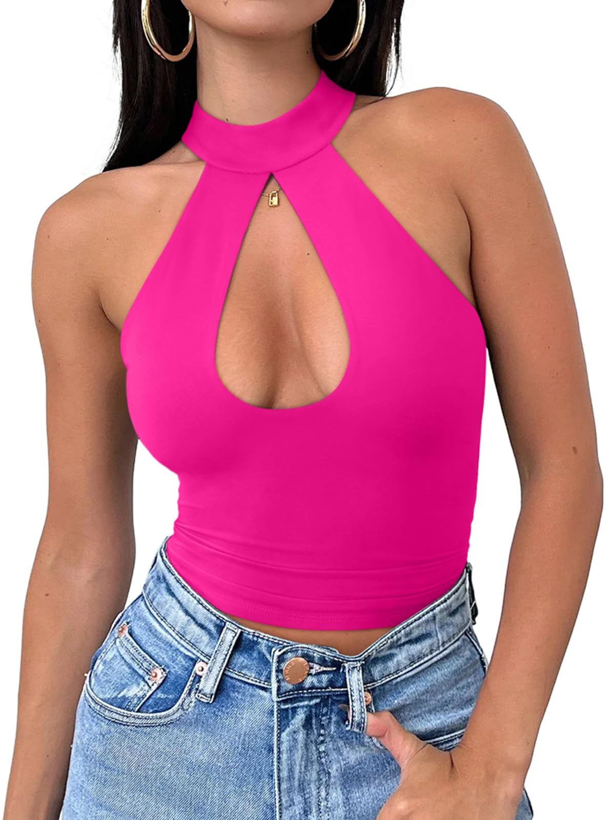 REORIA Womens Sexy Going Out Halter Crop Tops Trendy Cut Out Y2k Tank | Double Lined,Criss Cross,Cute Sleeveless Outfit,Nightout,Club,Party,Concert,Music Festival,Datenight Tee,Summer All Day Wear