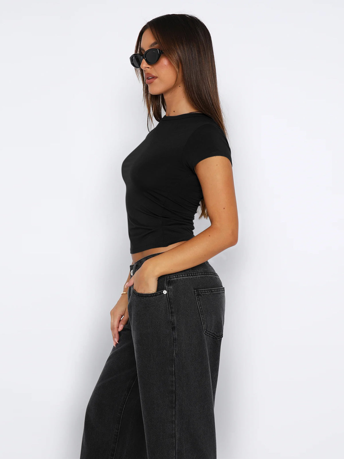 Crew Neck Short Sleeve Tops Double Lined Slim Fit T Shirts