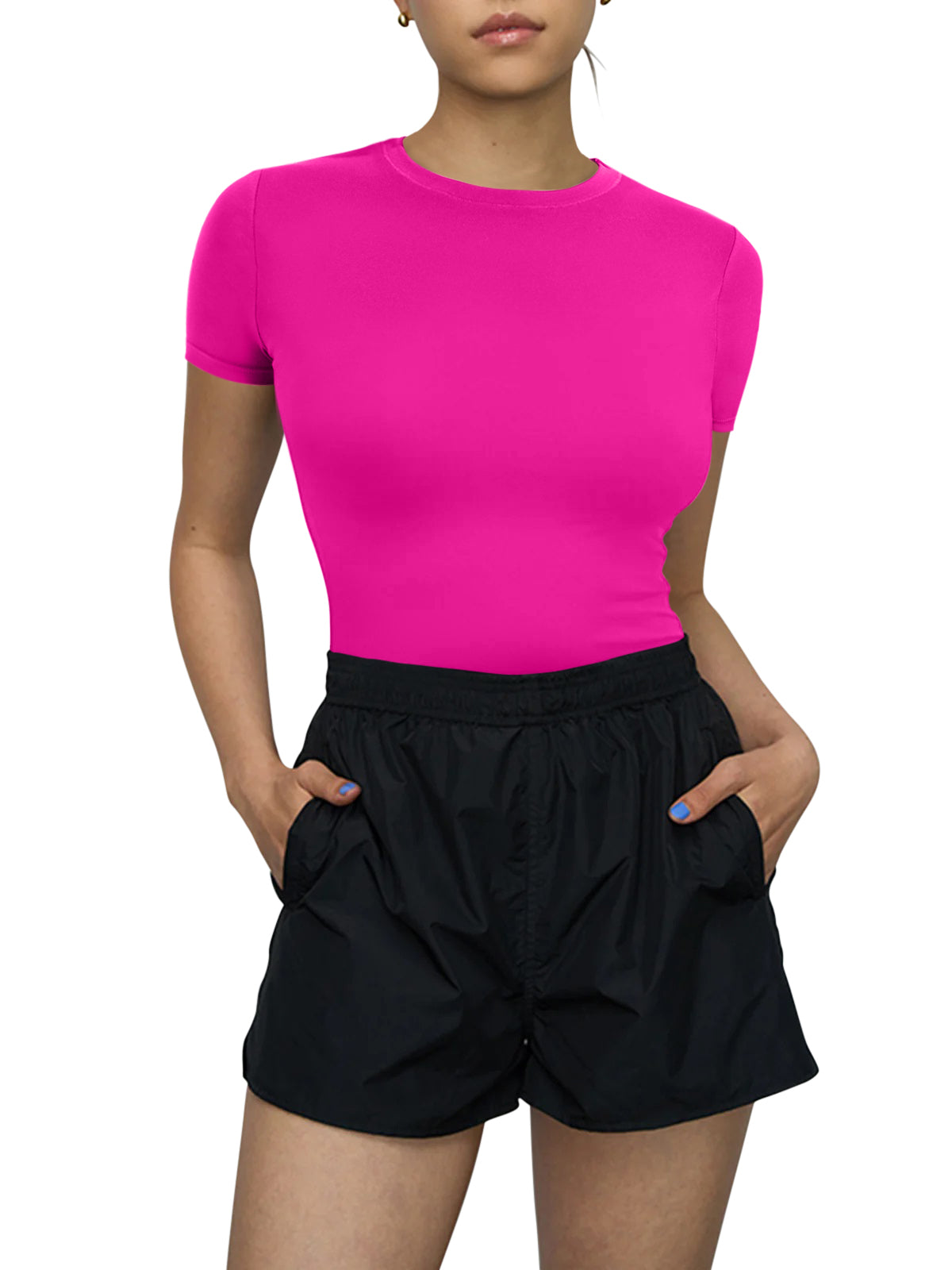Crew Neck Short Sleeve Tops Double Lined Slim Fit T Shirts