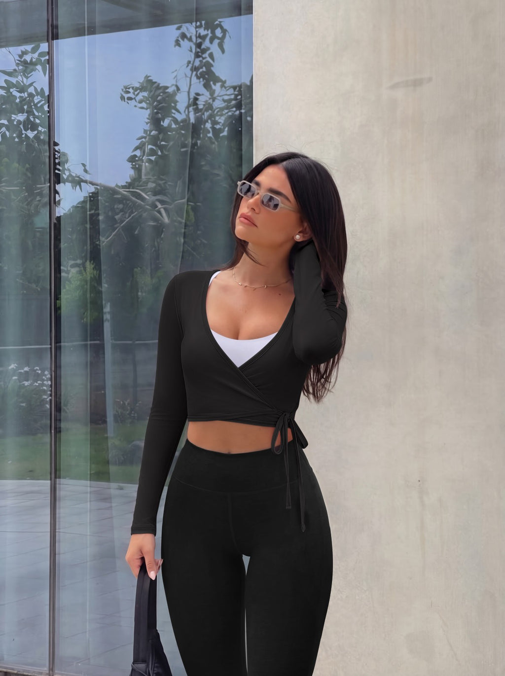 V Neck Long Sleeve Wrap Top with Adjustable Tie
