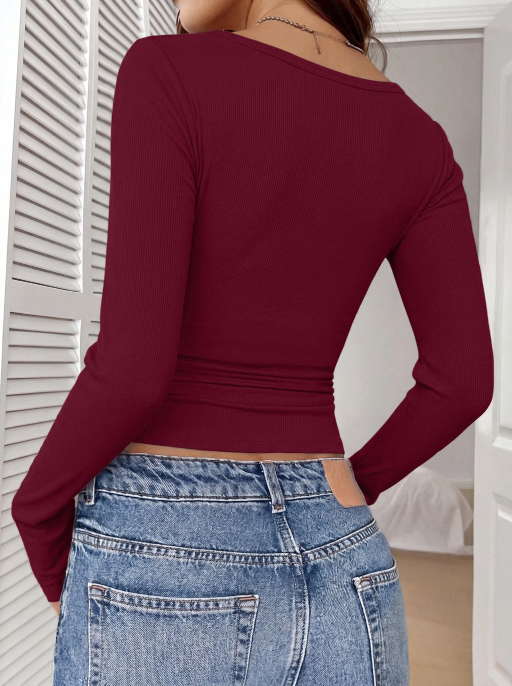 V Neck Ribbed Lace Trim Henley Long Sleeve Top