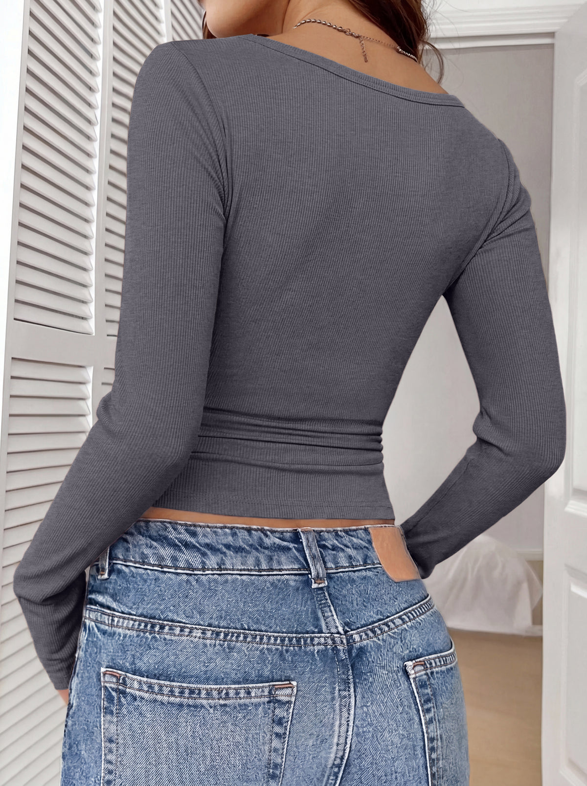 V Neck Ribbed Lace Trim Henley Long Sleeve Top