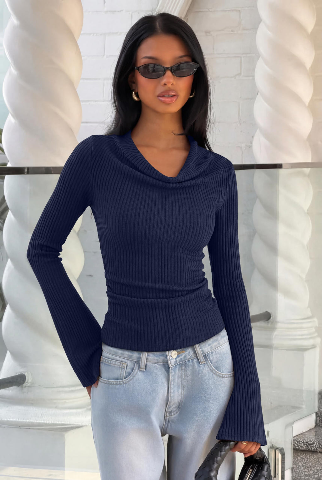 Cowl Neck Ribbed Knit Bell Sleeve Top