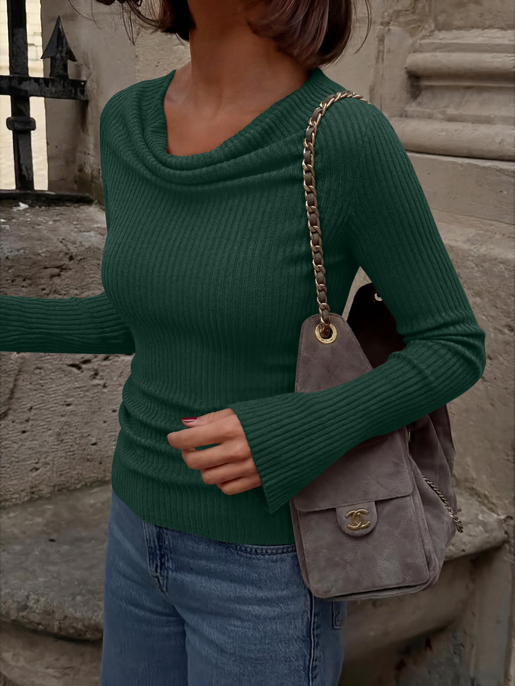Cowl Neck Ribbed Knit Bell Sleeve Top