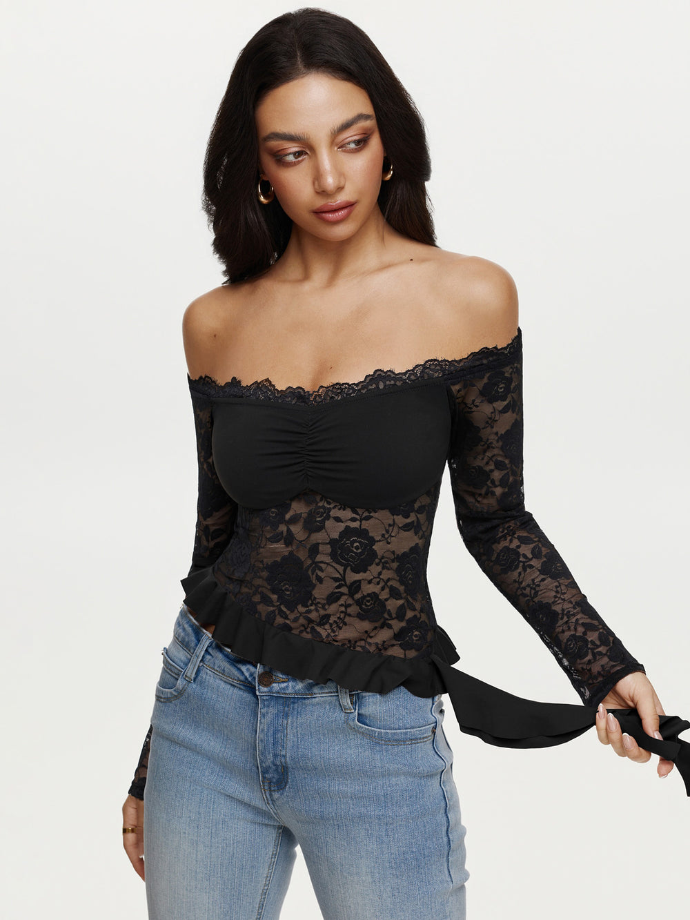 トップス S lace trim off shoulder tops BLACK Off Shoulder Lace Trim Crop Tops – REORIA