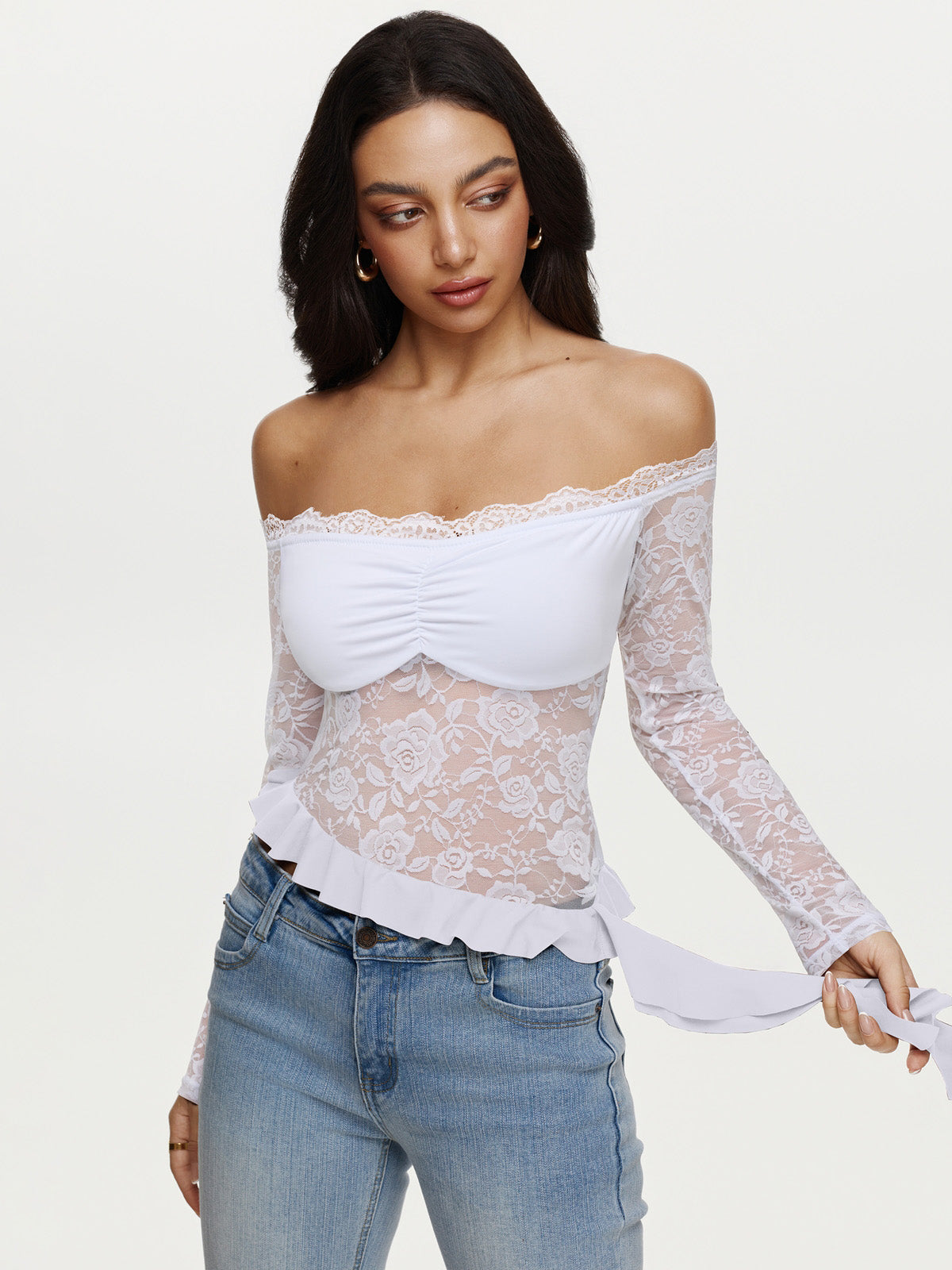 トップス lace trim off shoulder tops theredthread Off The Shoulder Long Sleeve Top - Lace Long Sleeve Top
