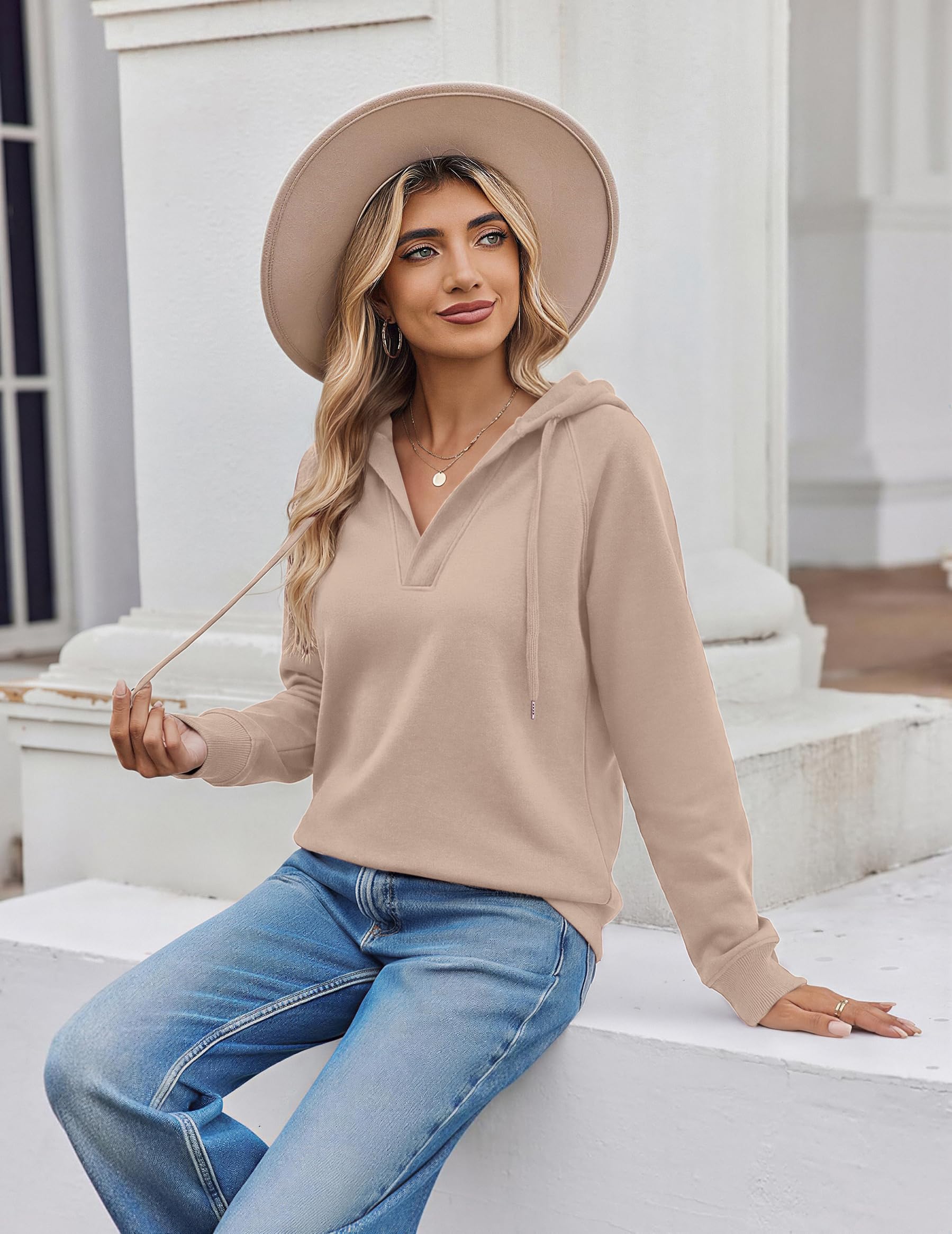 Oversized V Neck Hooded Pullover Sweatshirt