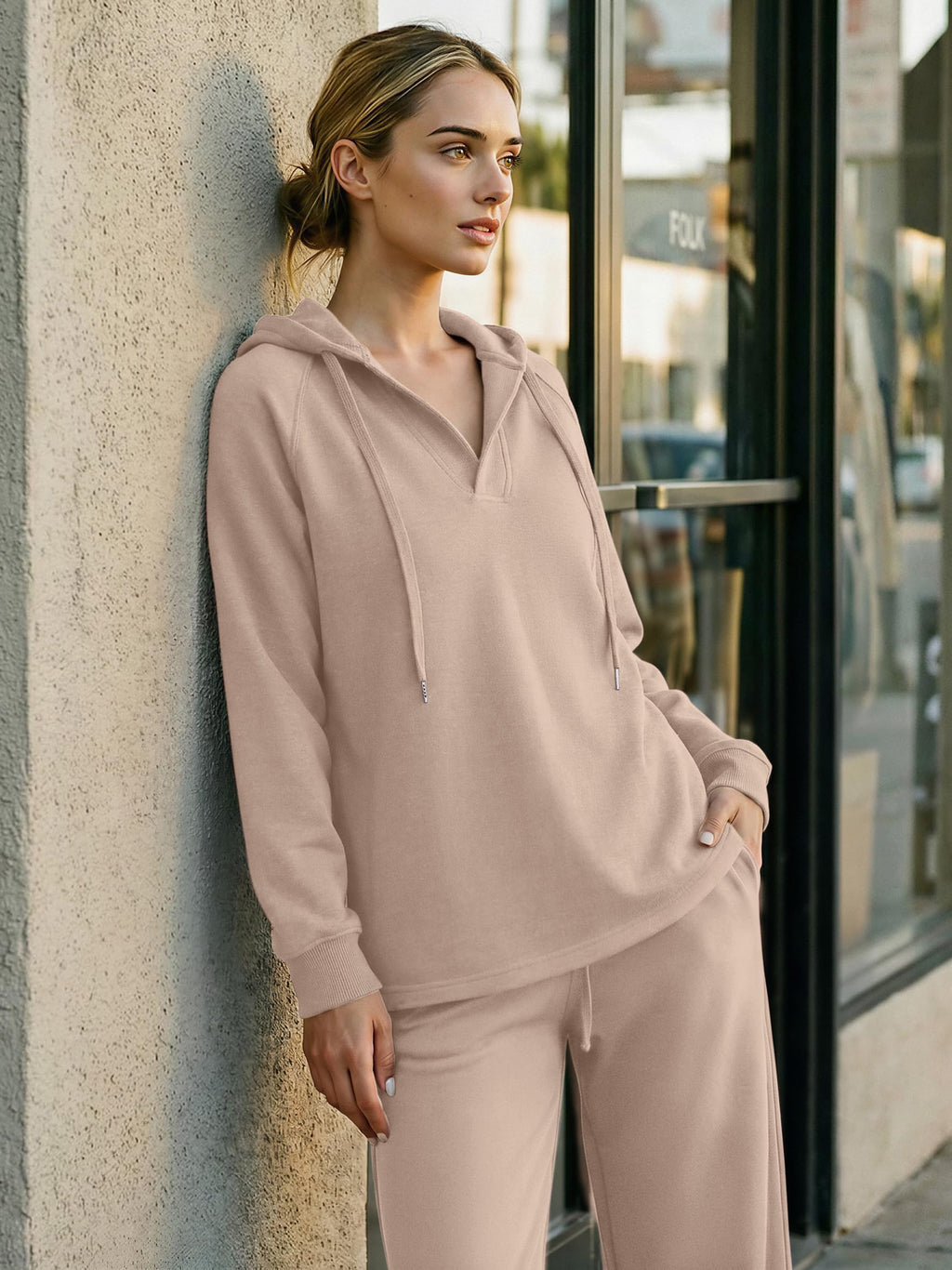 Oversized V Neck Hooded Pullover Sweatshirt