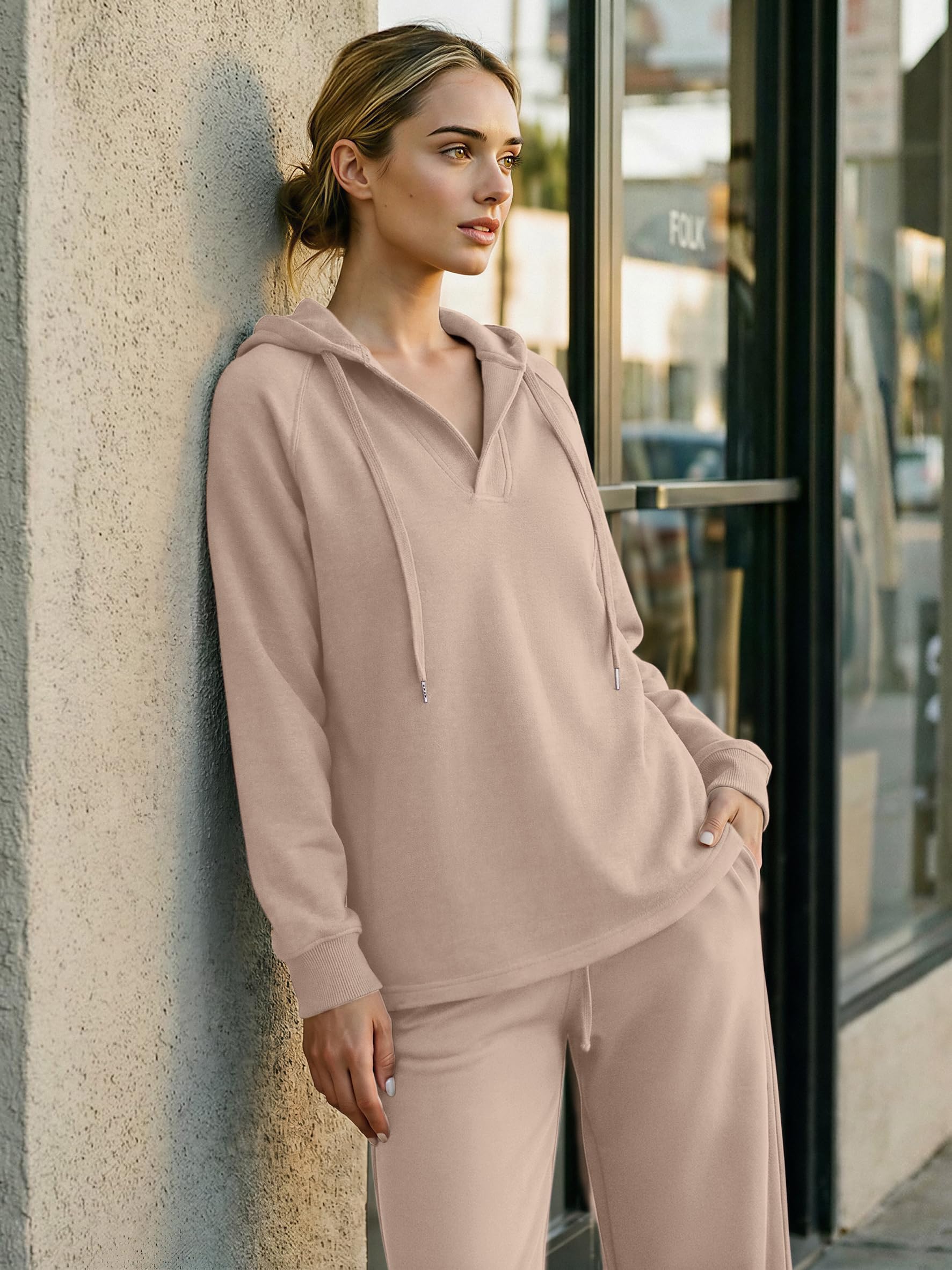 Oversized V Neck Hooded Pullover Sweatshirt