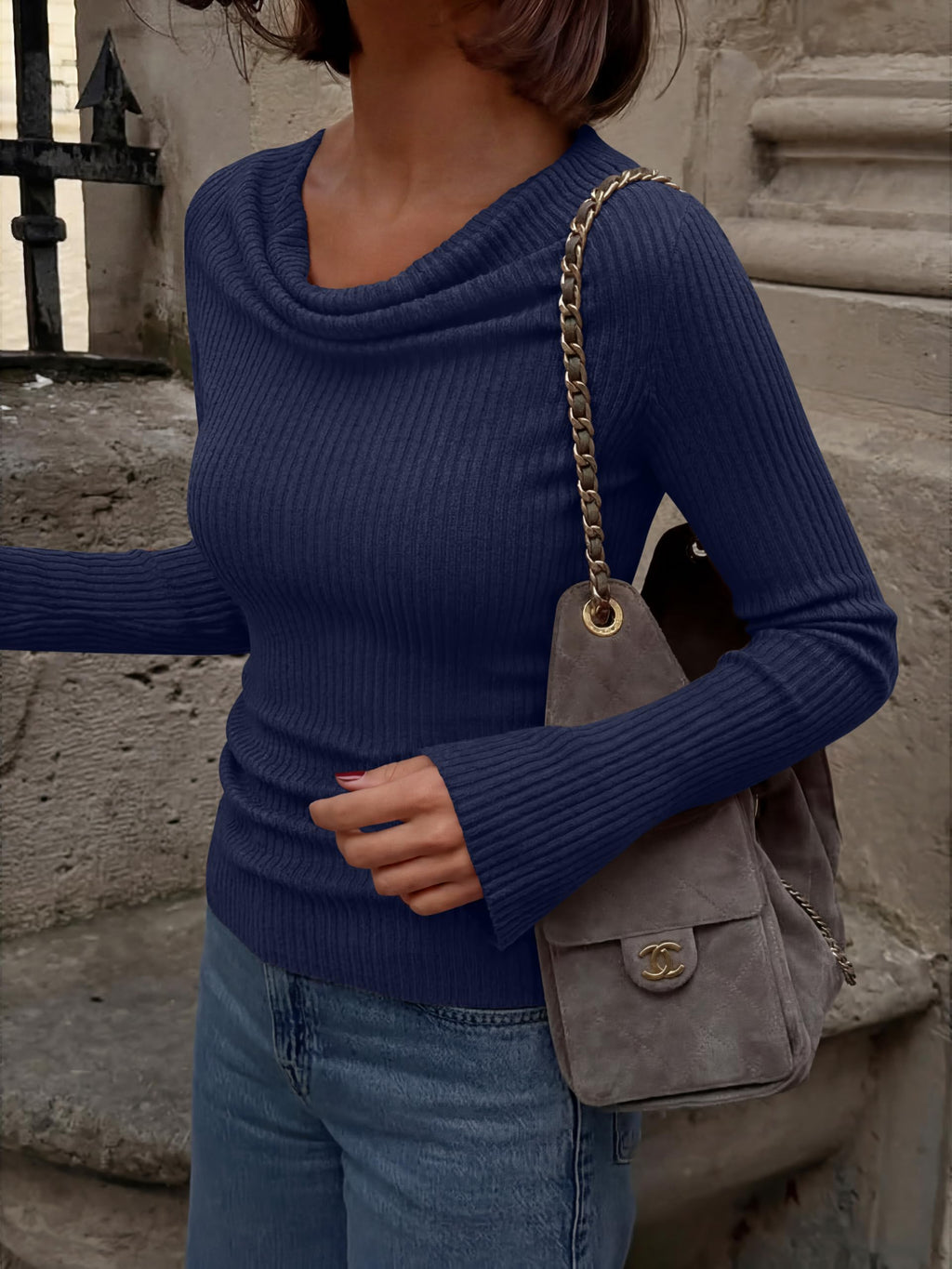 Cowl Neck Ribbed Knit Bell Sleeve Top