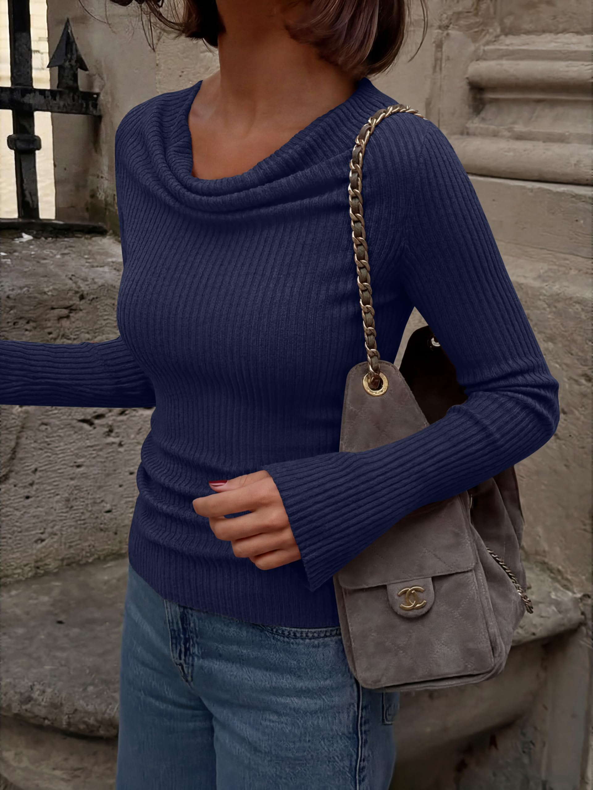Cowl Neck Ribbed Knit Bell Sleeve Top