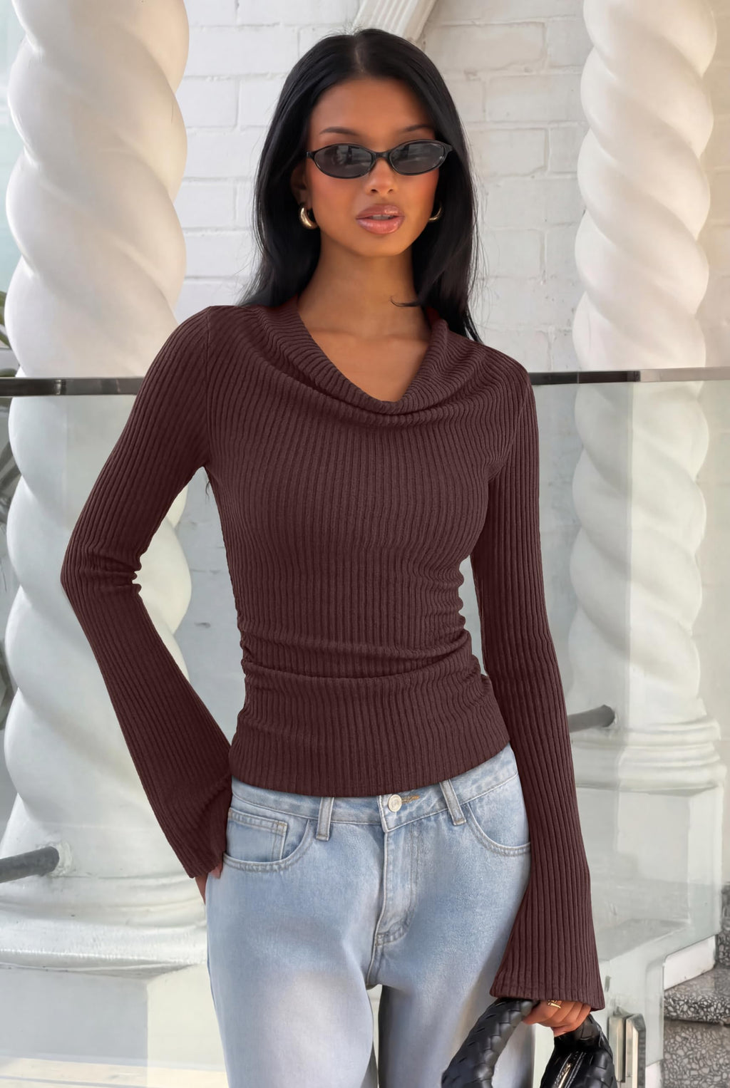 Cowl Neck Ribbed Knit Bell Sleeve Top
