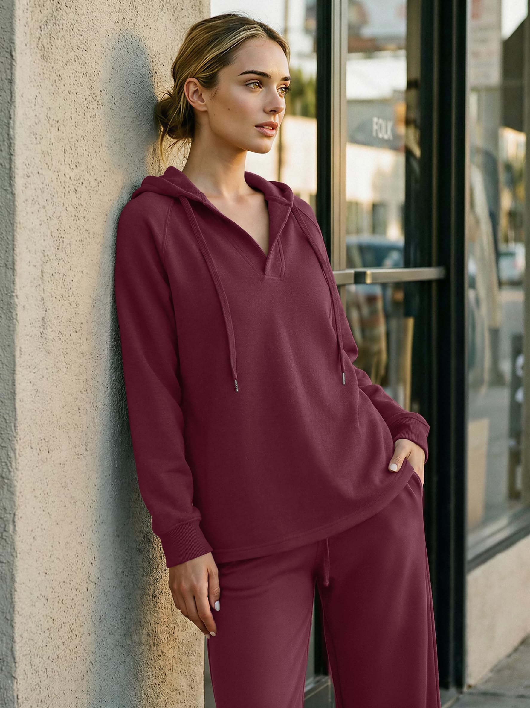 Oversized V Neck Hooded Pullover Sweatshirt