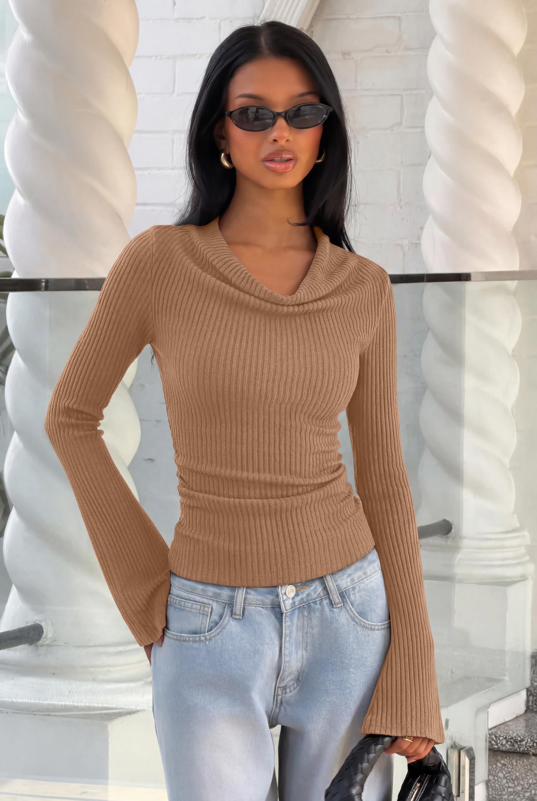 Cowl Neck Ribbed Knit Bell Sleeve Top