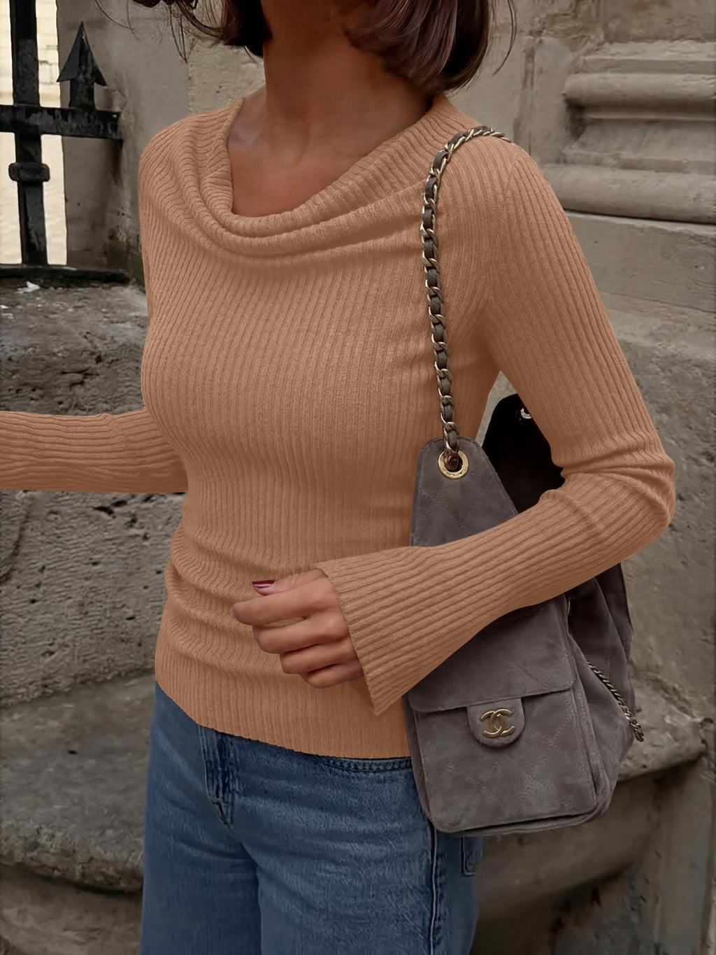 Cowl Neck Ribbed Knit Bell Sleeve Top