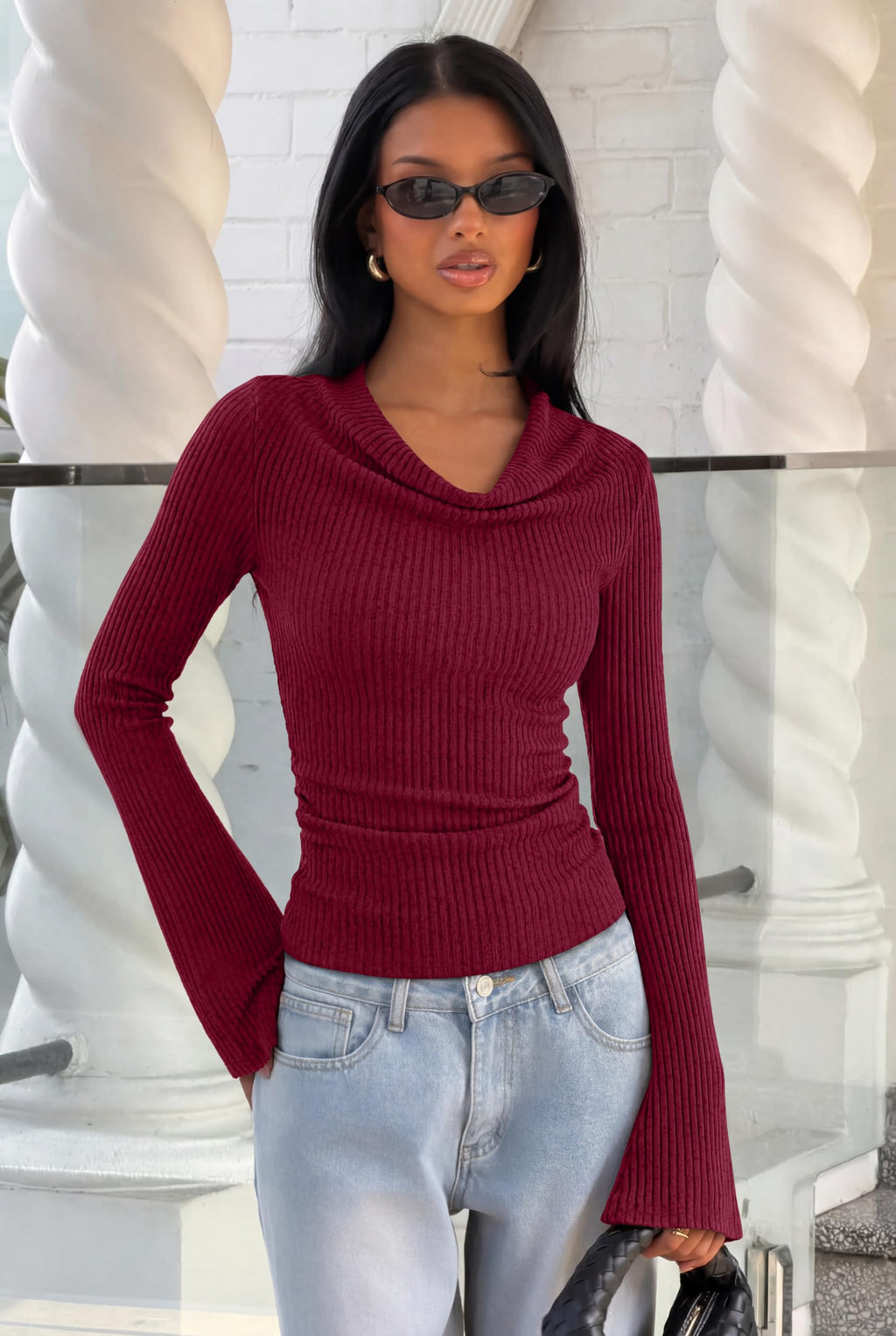 Cowl Neck Ribbed Knit Bell Sleeve Top