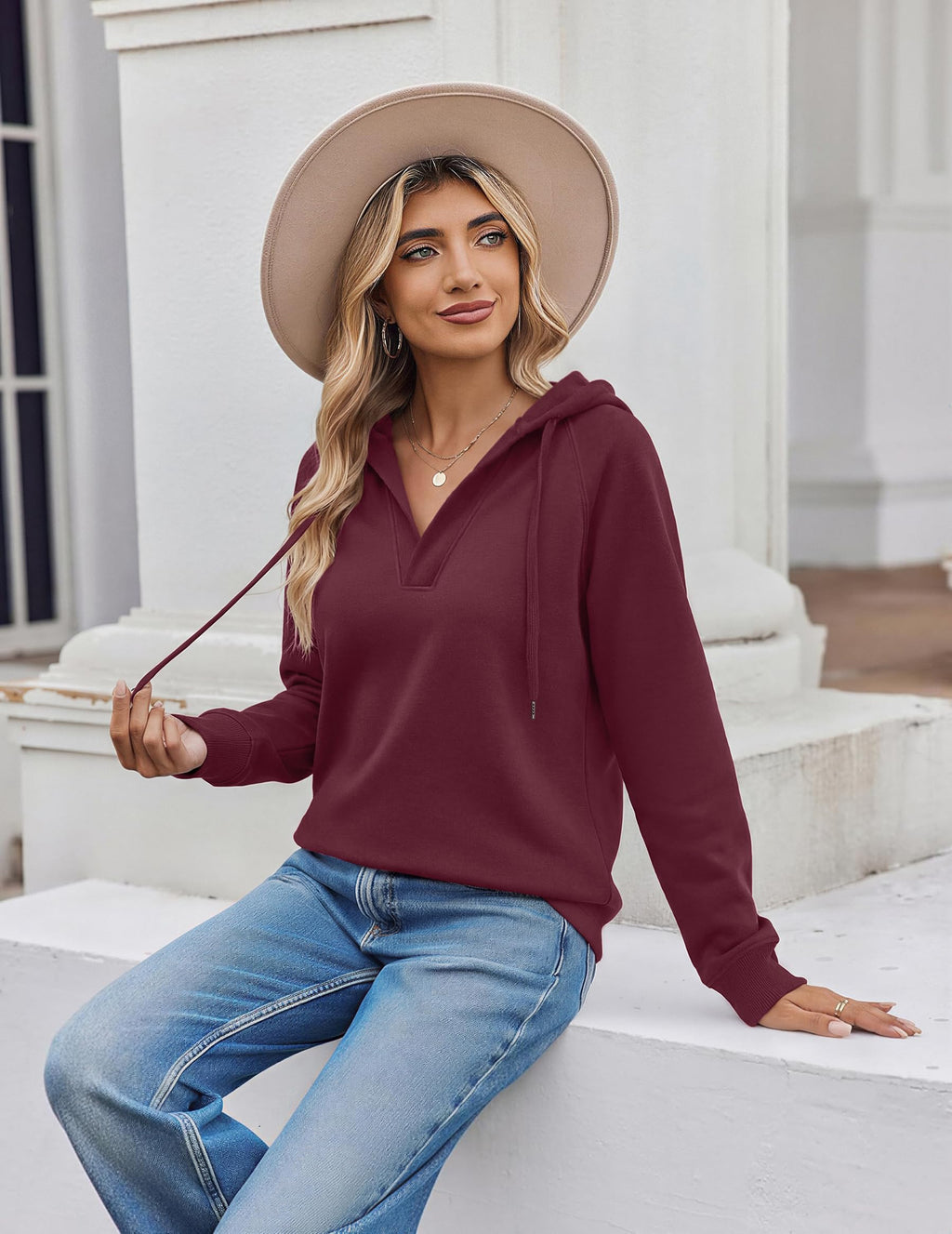 Oversized V Neck Hooded Pullover Sweatshirt