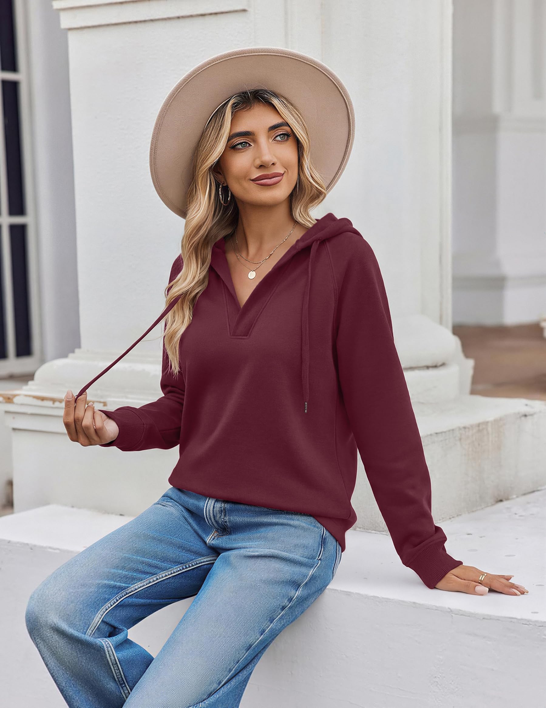 Oversized V Neck Hooded Pullover Sweatshirt