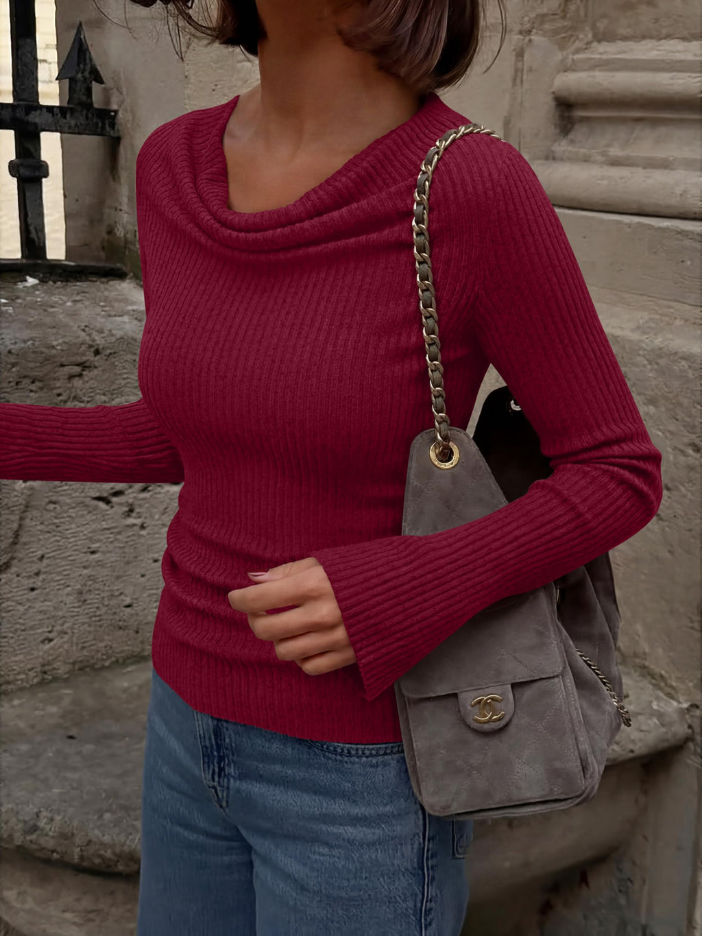 Cowl Neck Ribbed Knit Bell Sleeve Top