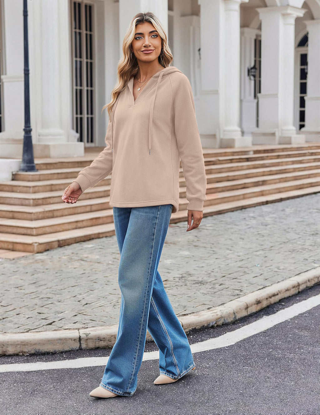 Oversized V Neck Hooded Pullover Sweatshirt