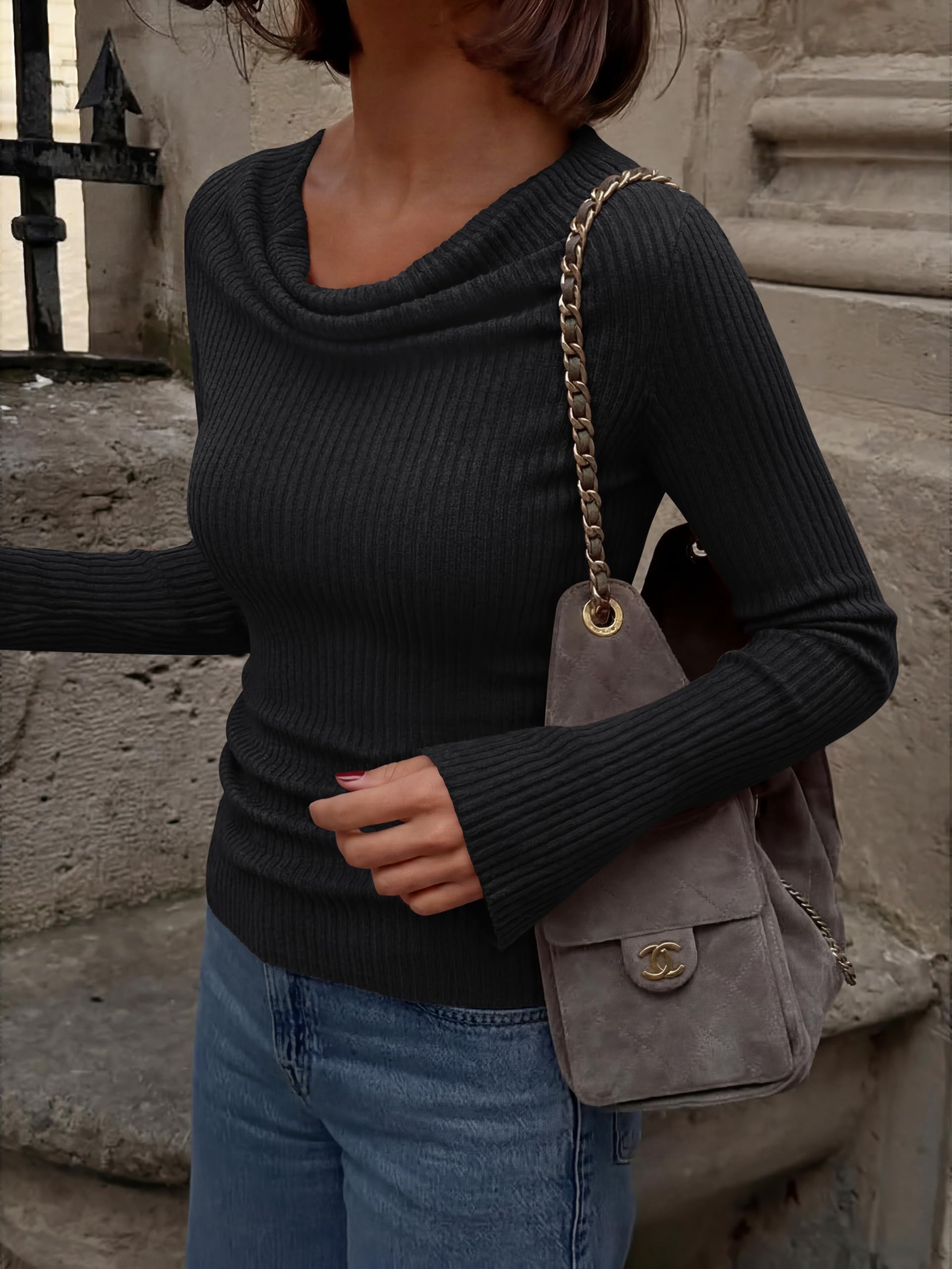Cowl Neck Ribbed Knit Bell Sleeve Top