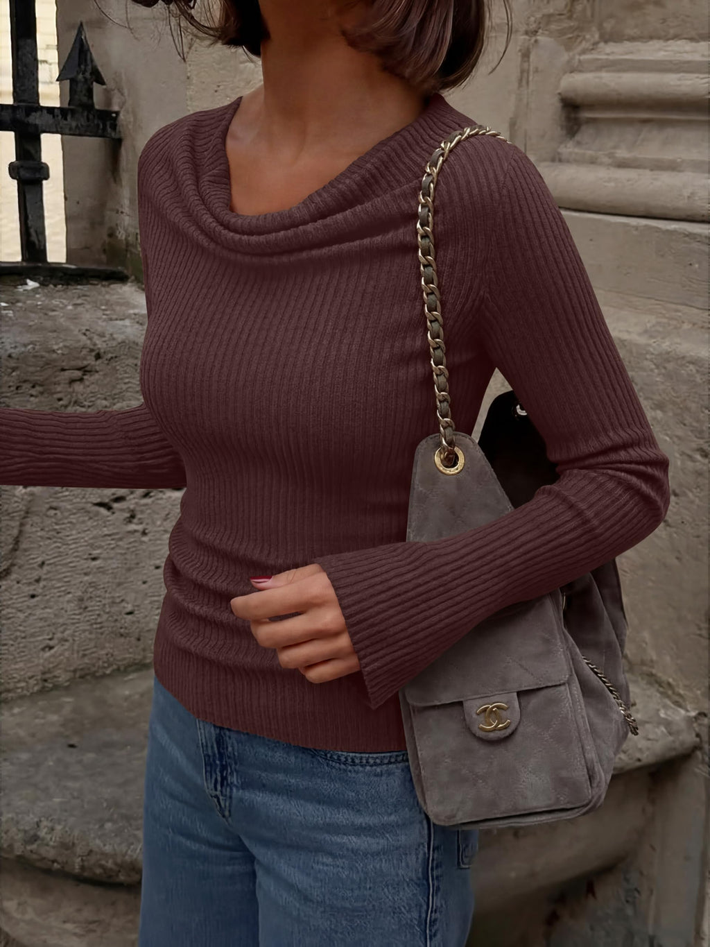 Cowl Neck Ribbed Knit Bell Sleeve Top