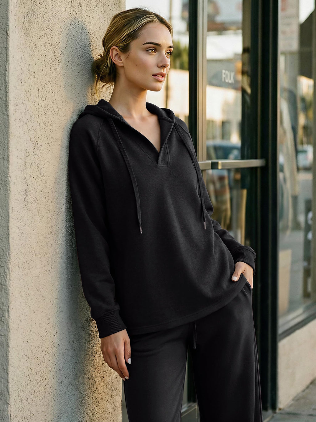 Oversized V Neck Hooded Pullover Sweatshirt