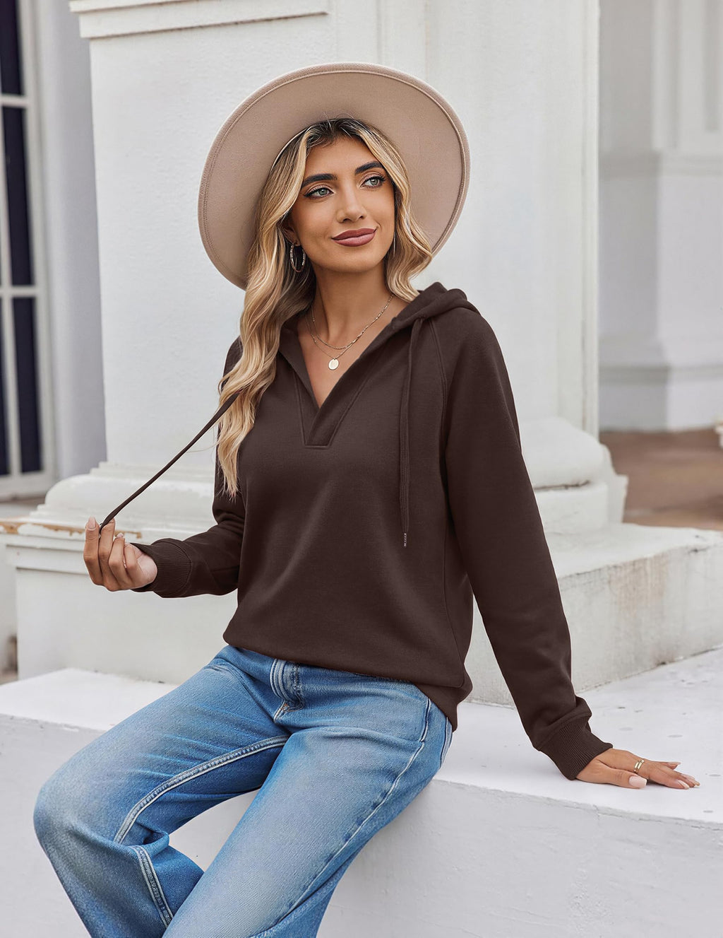 Oversized V Neck Hooded Pullover Sweatshirt