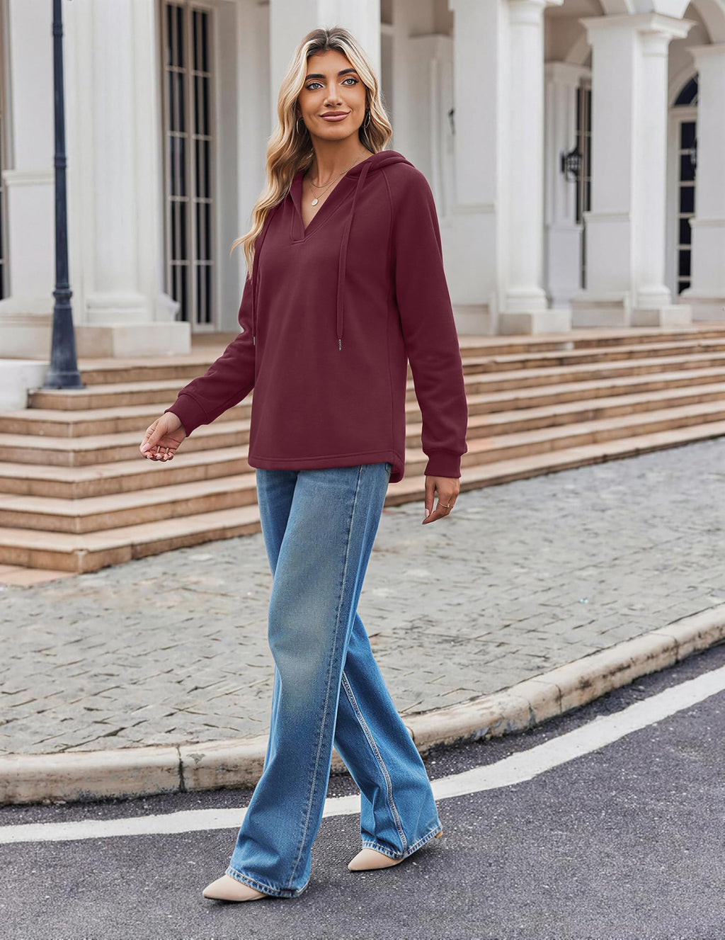 Oversized V Neck Hooded Pullover Sweatshirt