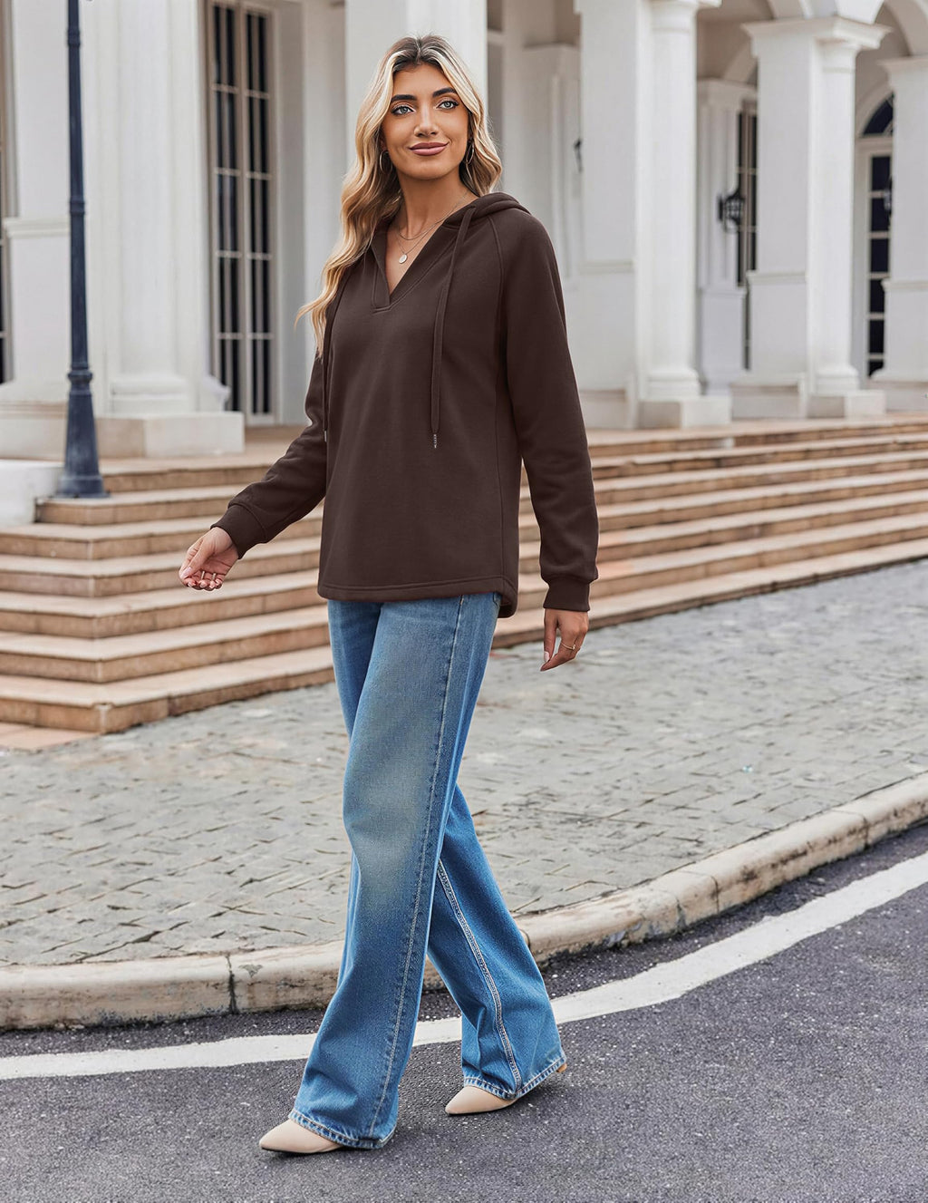 Oversized V Neck Hooded Pullover Sweatshirt