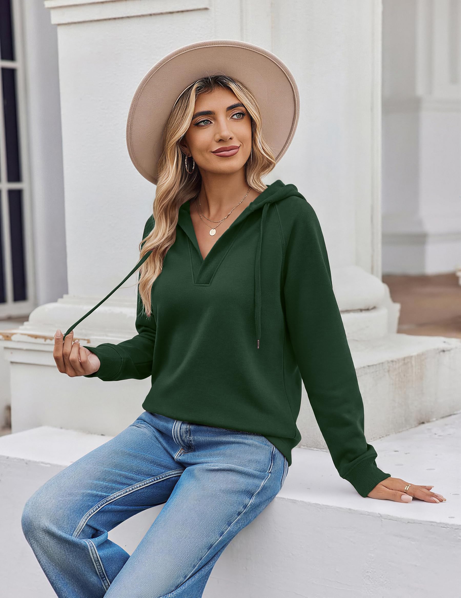 Oversized V Neck Hooded Pullover Sweatshirt