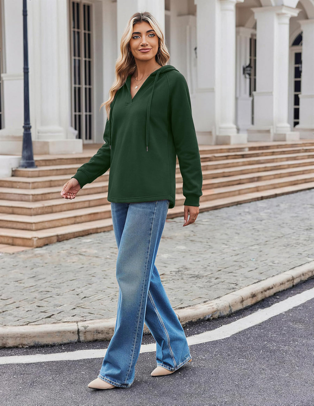 Oversized V Neck Hooded Pullover Sweatshirt