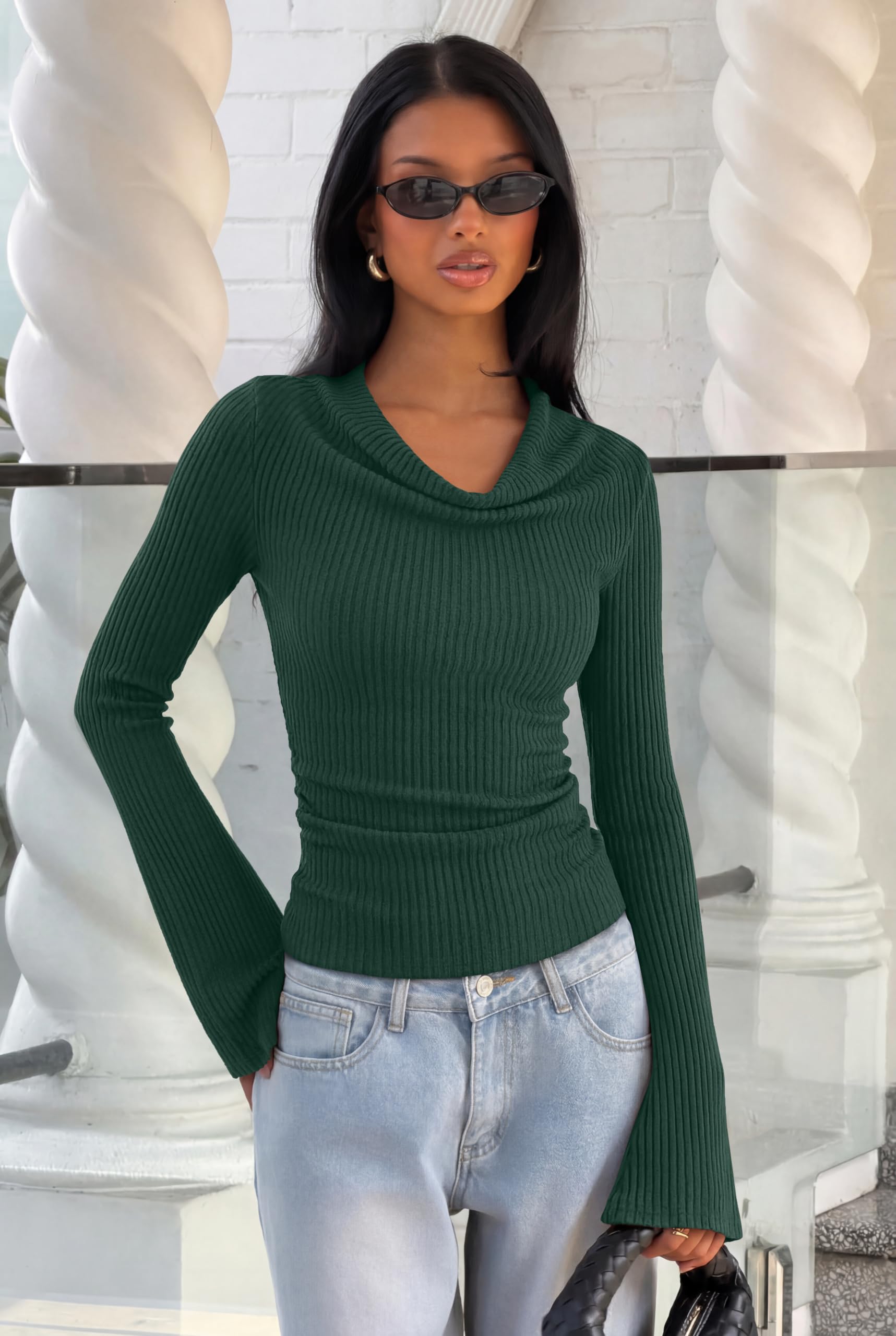 Cowl Neck Ribbed Knit Bell Sleeve Top