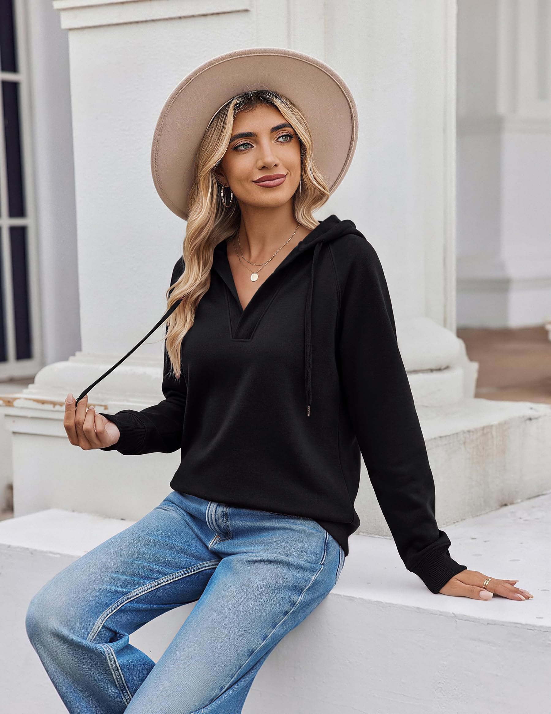 Oversized V Neck Hooded Pullover Sweatshirt
