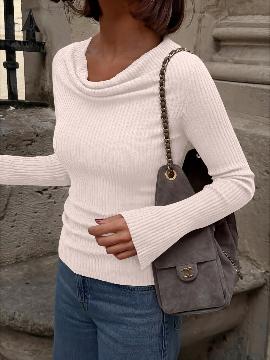 Cowl Neck Ribbed Knit Bell Sleeve Top