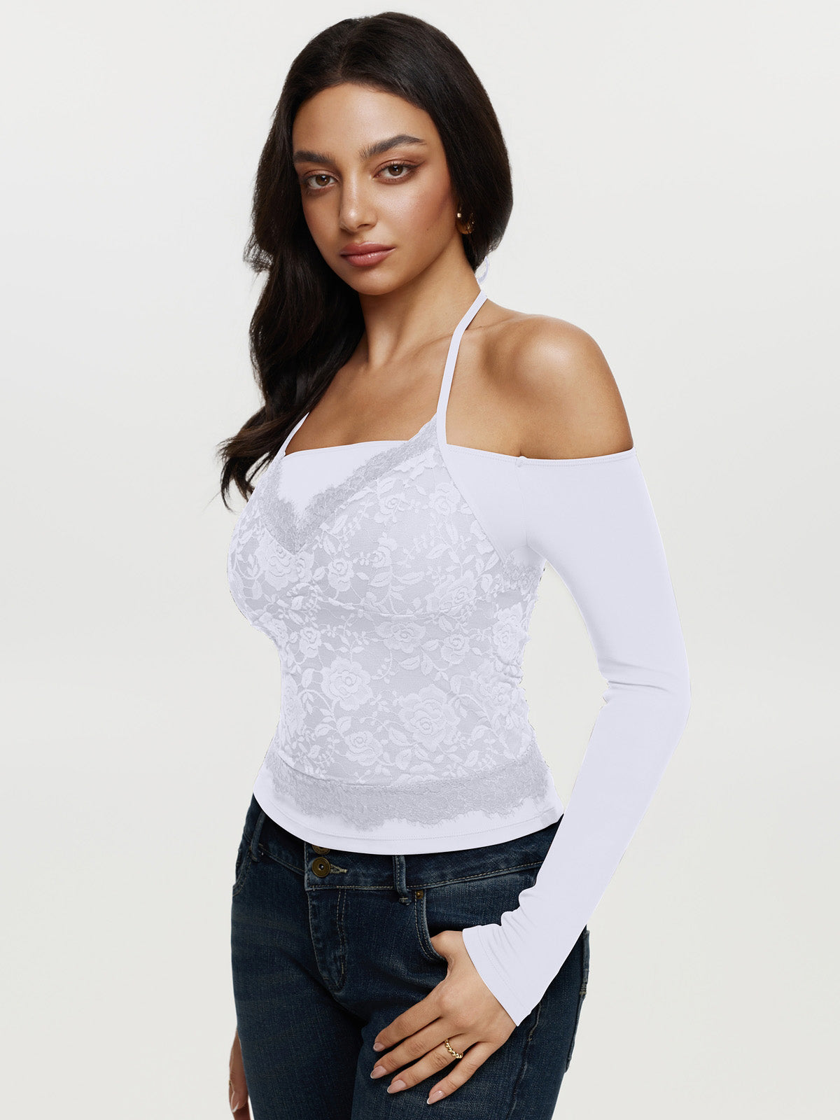 Off Shoulder Long Sleeve Halter Neck Fake Two Piece Shirt