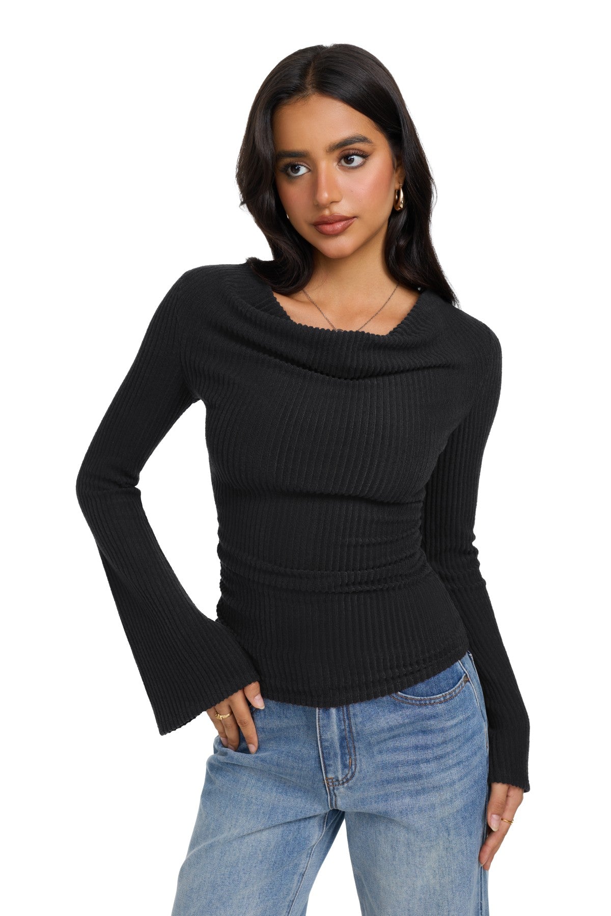 Cowl Neck Ribbed Knit Bell Sleeve Top