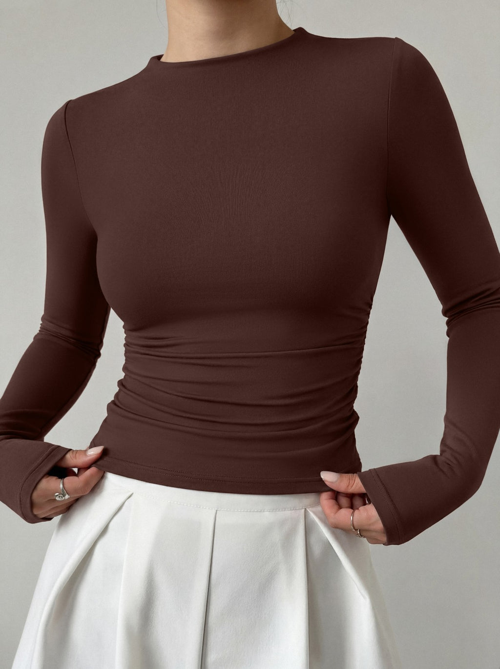 Mock Neck Ruched Waist Ruched Tops for Business Casual