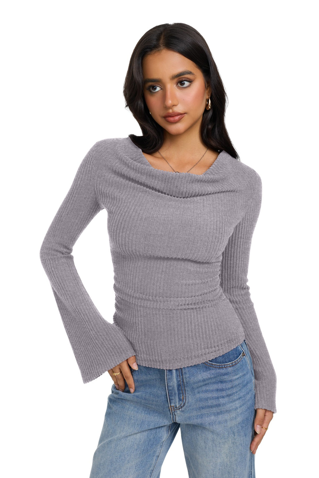 Cowl Neck Ribbed Knit Bell Sleeve Top