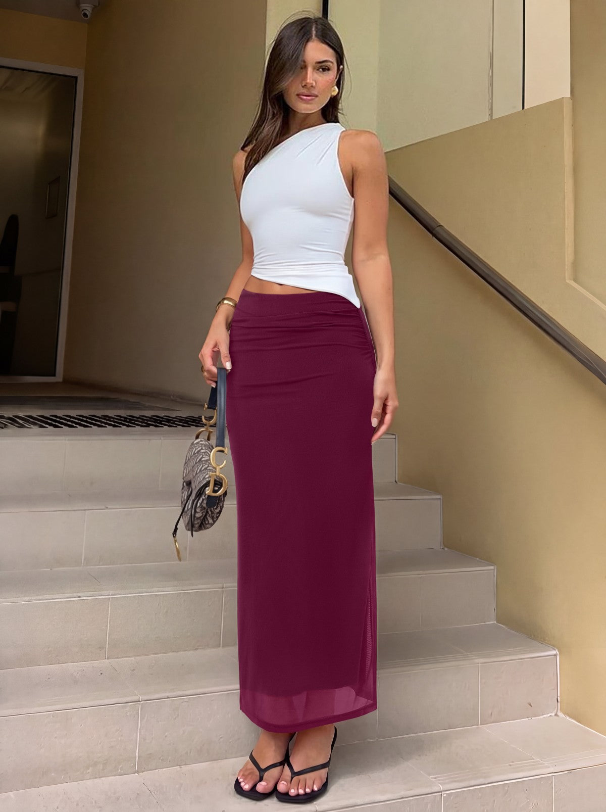 Ruched Mesh A-Line Maxi Skirt with Elastic Waist