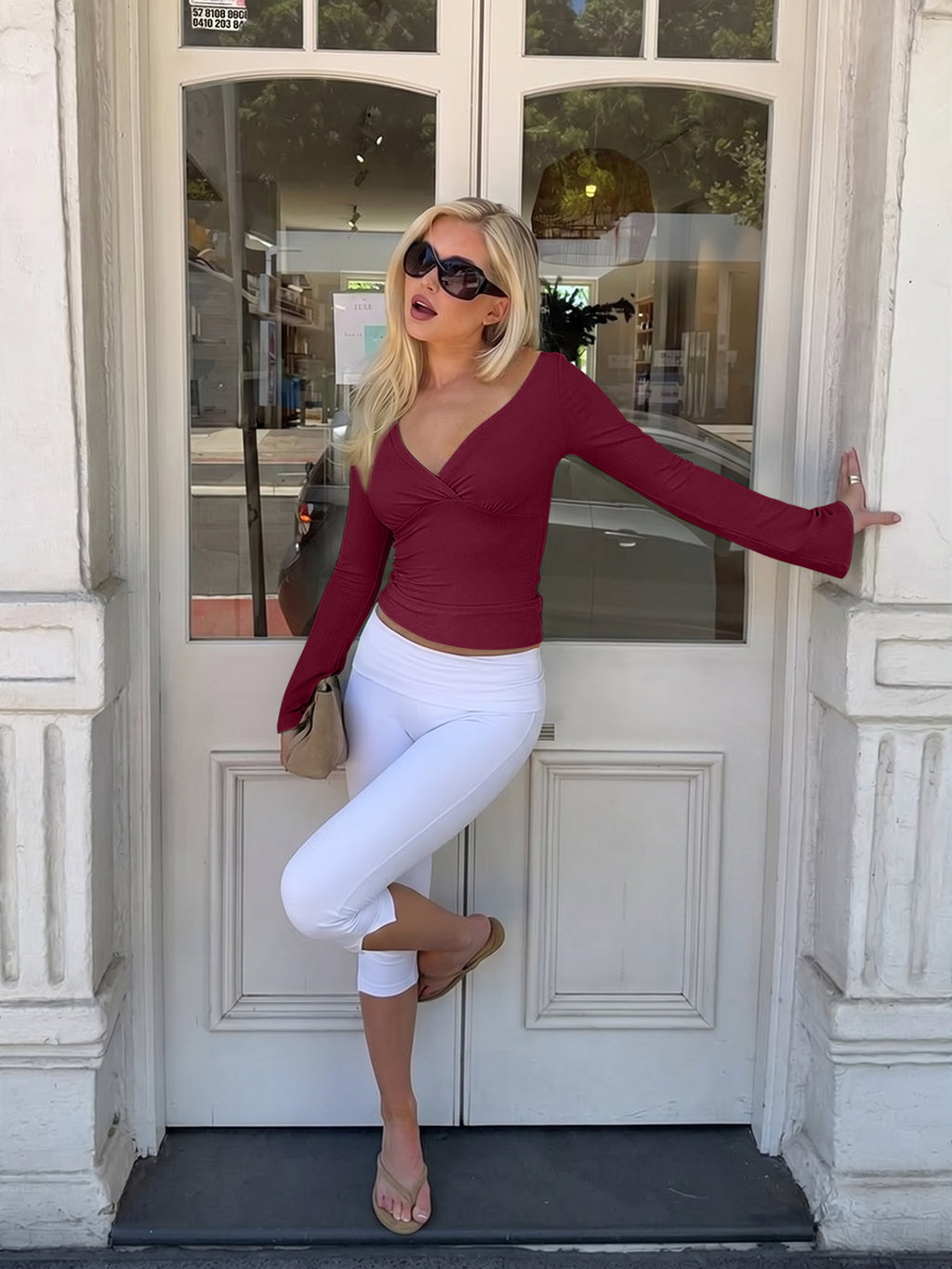Wrap Deep V Neck Long Bell Sleeve Tops