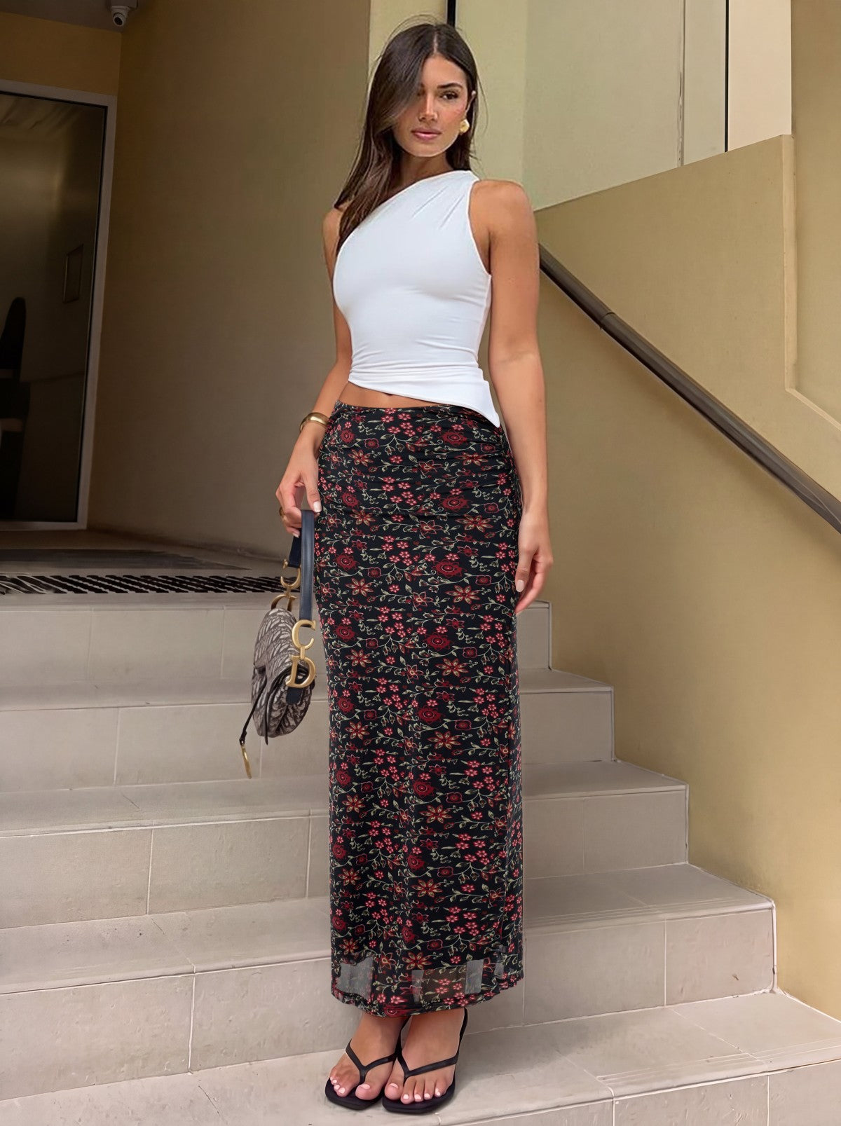 Ruched Mesh A-Line Maxi Skirt with Elastic Waist
