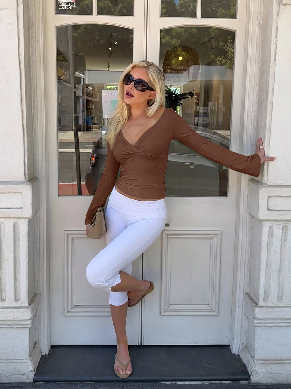 Wrap Deep V Neck Long Bell Sleeve Tops