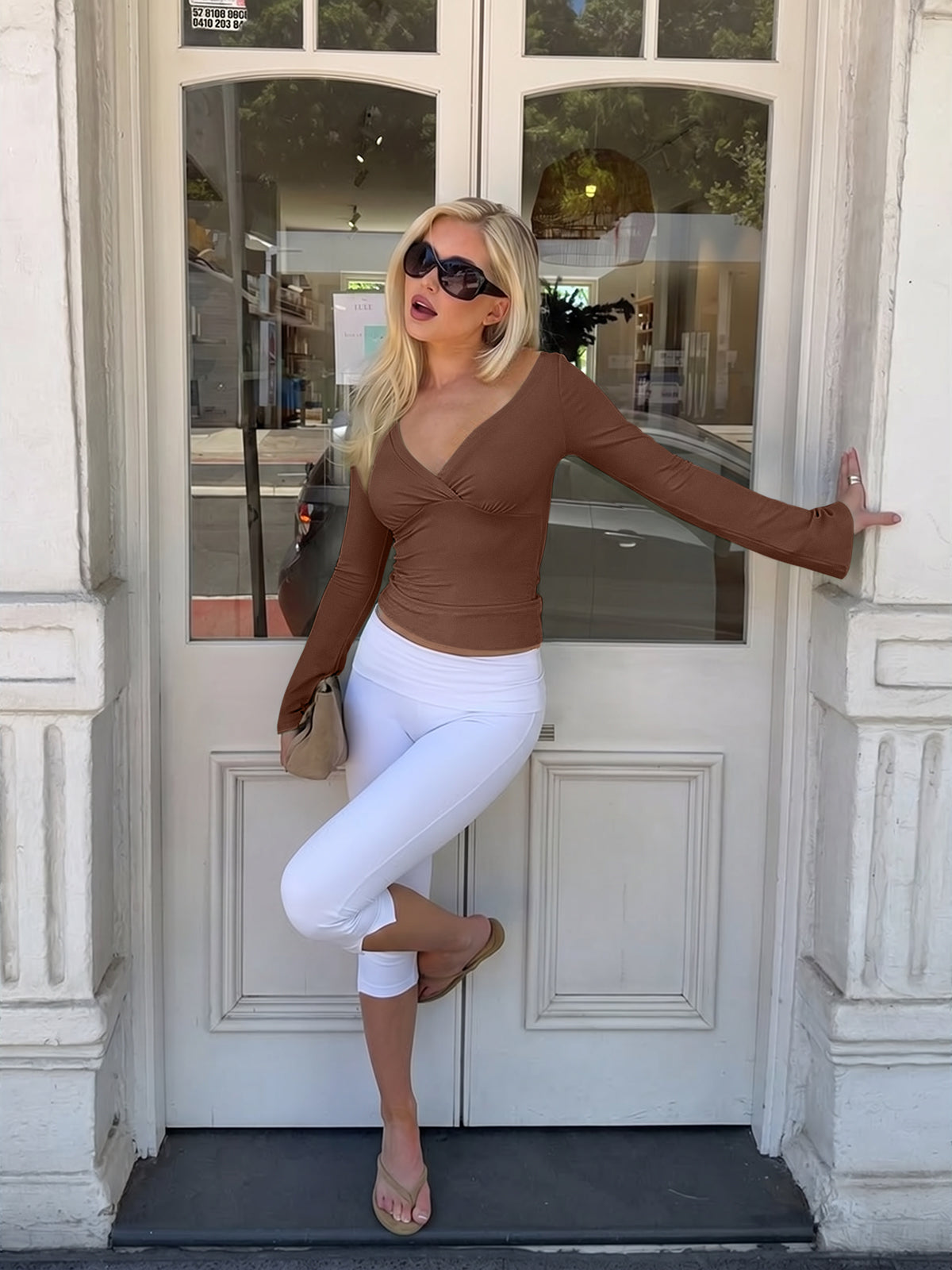 Wrap Deep V Neck Long Bell Sleeve Tops